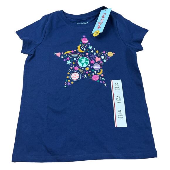 Cat & Jack Girls' Navy Blue Short Sleeve Star Graphic Printed T-Shirt - XS - NWT - Picture 1 of 5